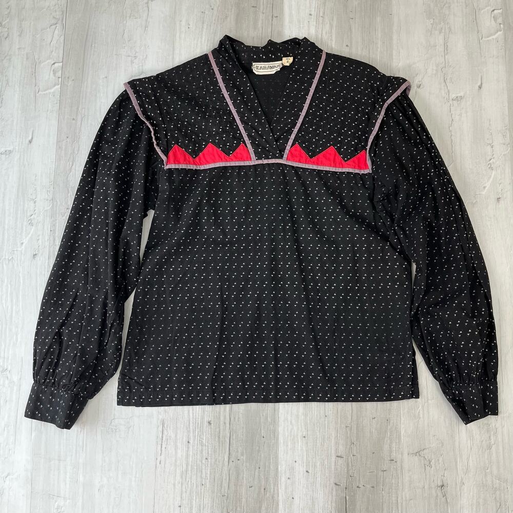 Vintage Karavan V-Neck Long Puff Sleeve Western Prairie Rodeo Print Shirt Blouse